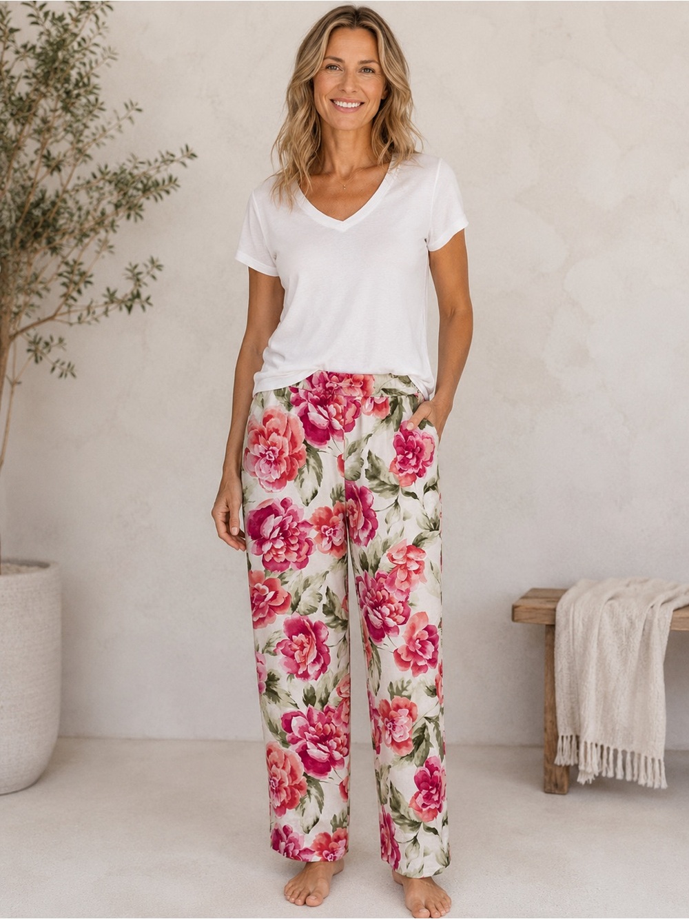 Talbots Cream Wide-Leg Silk Pants with Pink Floral Print